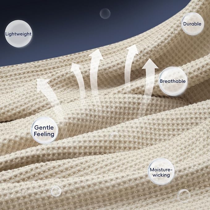 PHF Pre-Washed 100% Cotton Waffle Weave Blanket Twin Size for Bed,Snag Proof Throw Blanket for Couch Spring Summer Lightweight Breathable,Machine Washable, Home Decor Gift - Linen/Stone