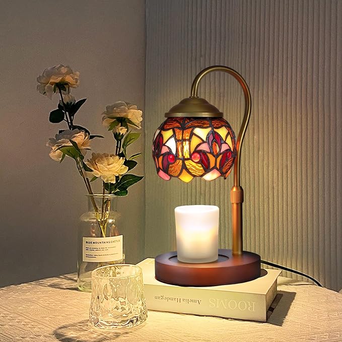 Candle Warmer Lamp - Vintage Tiffany Style Wood Base Timer | Rsbrillialite Vintage Candle Warmer Lamp - Tiffany Style Baroque Stained Glass Decor with Timer, Wood Base & 2 GU10 Bulbs