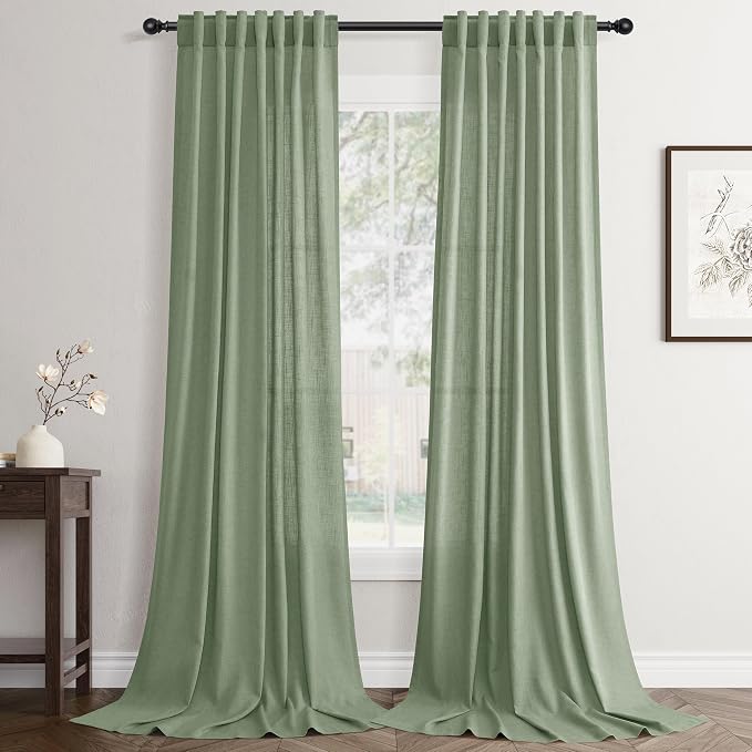 Jowels Mist Sage Linen Curtains 84 Inch Long 2 Panels for Living Room | Light Filtering Semi Sheer Curtain, Back Tab Pocket Pleated Look, Boho Farmhouse Textured Privacy Drapes for Bedroom Window