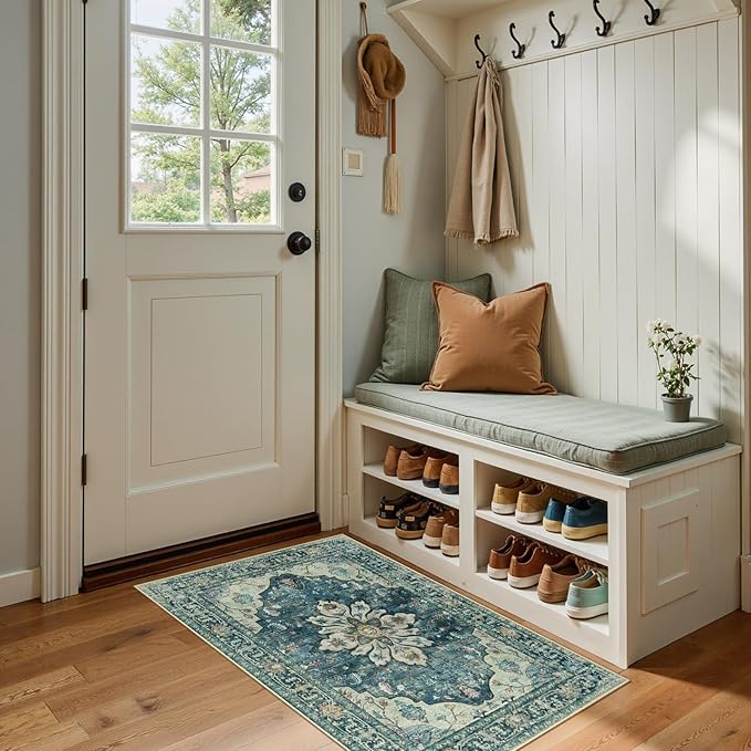 RELEANY Area Rugs 2'x4' Kitchen Rugs Entry Rug Small Rugs for Entryway Kitchen Bathroom Door Mat Indoor Entrance,Washable Non Slip, Dark Blue Vintage