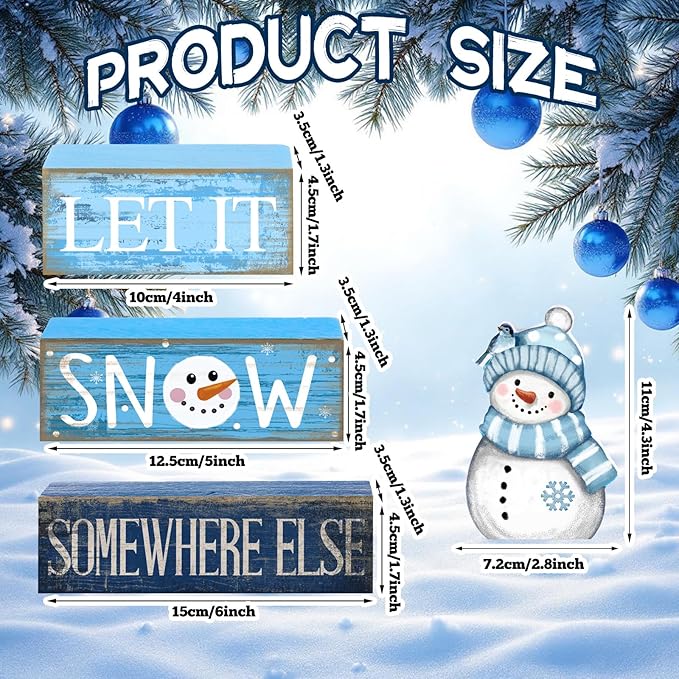 Lineshading 4 Pcs Winter Table Decorations Wooden Snowman Blue and White Winter Tiered Tray Decor Christmas Centerpiece Rustic Decorative Snowman Block Sign Gift for Wonderland Party Home Kitchen