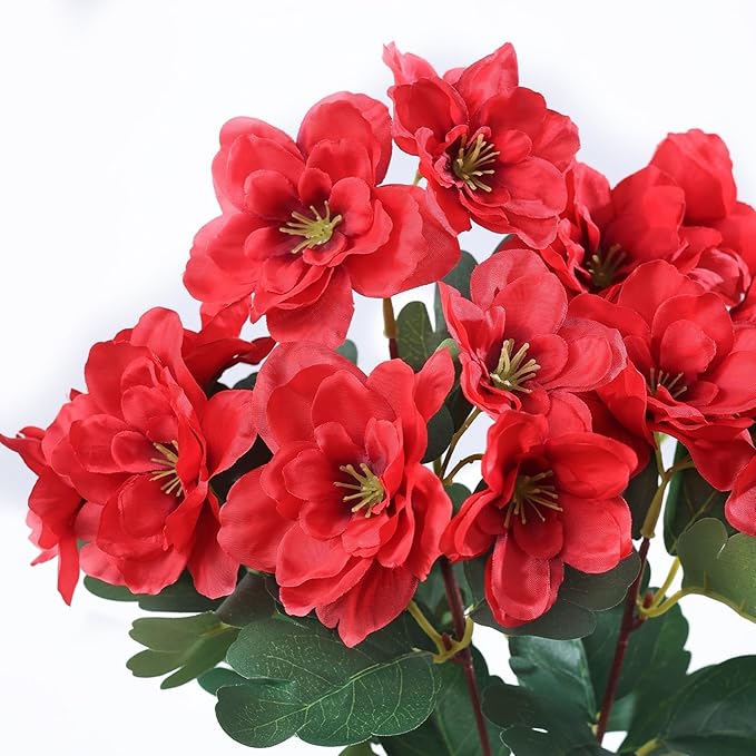 YXZZWL 16 Bundles Artificial Flowers for Front Door, Fake Silk Azalea Bouquet Silk Flowers for Outside UV Resistant Realistic Faux Plants for Planter Farmhouse Patio Garden Walkways Home Decor (Red)
