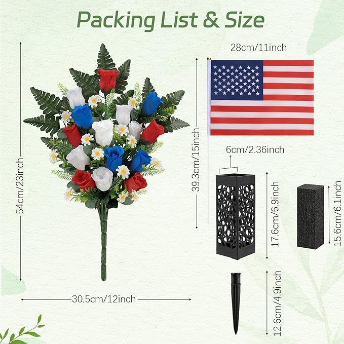 Memorial Day Flowers for Cemetery, 2 Sets Artificial Red White Blue Roses with American Flags Vase Patriotic Cemetery Flowers for Grave, Outdoor Gravesite Tribute Veterans Memorial Day Decorations