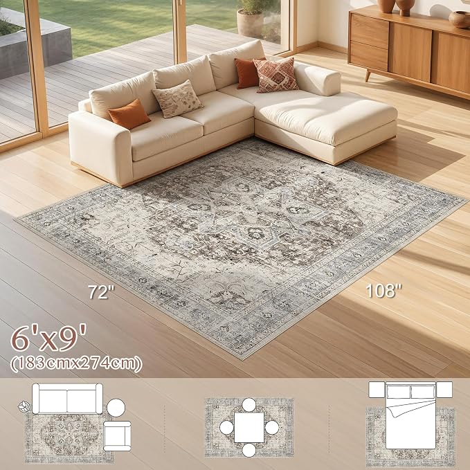 Tortania Area Rug Living Room Rugs - 6x9 Washable Boho Rug Vintage Oriental Distressed Farmhouse Large Thin Indoor Carpet for Living Room Bedroom Under Dining Table Home Office - Brown Blue