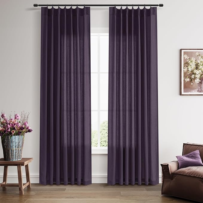 Guken Plum Purple Pinch Pleated Linen Curtains 84 Inches Long 2 Panels Vintage Boho Window Curtain for Living Room Bedroom Light Filtering Semi Sheer Back Tab Draps with Hooks Rings Aesthetic Decor