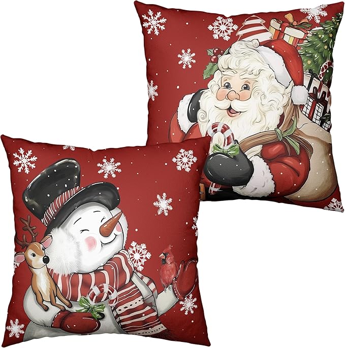 Lovely Christmas Snowman Pillow Covers Santa Throw Pillow Covers 22x22 Set of 2 Red Xmas Pillowcase Winter Snowflakes Cushion Case for Holiday Decorations Couch Sofa
