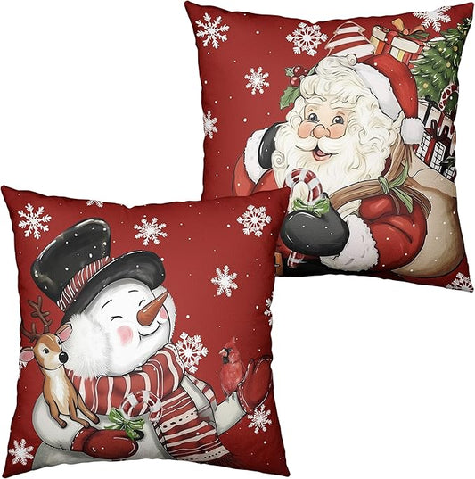 Lovely Christmas Snowman Pillow Covers Santa Throw Pillow Covers 18x18 Set of 2 Red Xmas Pillowcase Winter Snowflakes Cushion Case for Holiday Decorations Couch Sofa