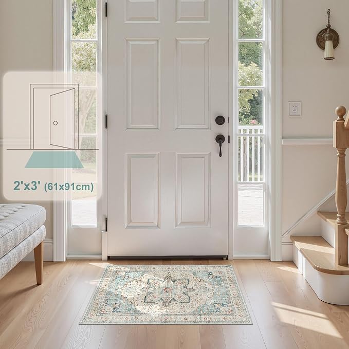 Tortania Area Rug 2x3 Doormat - Washable Vintage Oriental Farmhouse Soft Thin Indoor Carpet for Living Room Bedroom Hallway Entryway Kitchen - Aqua Multi