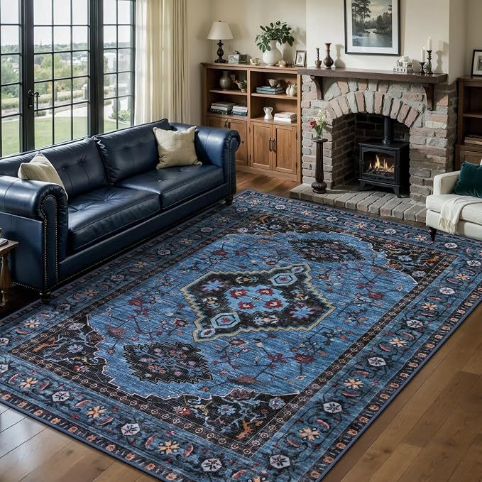 Tangsoo Blue 6x9 Area Rug Washable Rug for Living Room, Oriental Indoor Vintage Non Slip Large Area Rugs, Print Distressed Carpet, Soft Low Pile Foldable Floor Rug for Bedroom Dining Room Dorm