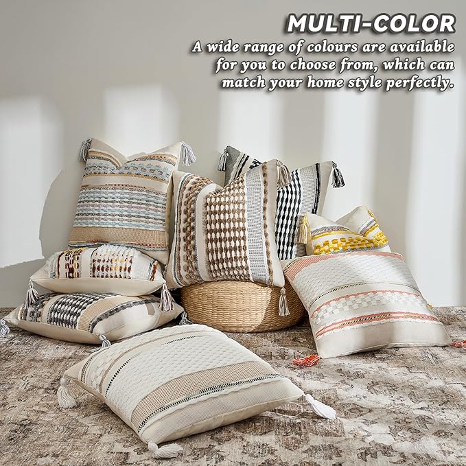 AmHoo Chenille Striped Textured Boho Throw Pillow Covers Aesthetic with Tassels Woven Decorative Pillow Case for Couch Bed Sofa Bedroom Modern Funky 18 x 18-Inch Grey White