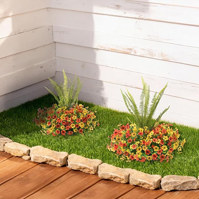 INQCMY Artificial Flowers for Outdoor 12 Pcs Faux Silk Daisy and 1 Pcs Fake Long Leaved Grass UV Resistant Tall Ferns for Home Doorway Courtyard Garden Backyard Decorative (Orange Yellow)