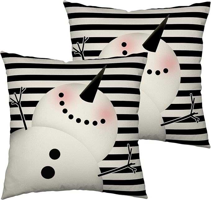 Christmas Snowman Winter Pillow Covers Set of 2 Black and White Stiped Throw Pillow Case Cotton Linen Square Cushion Covers 22x22 for Living Room Couch Sofa