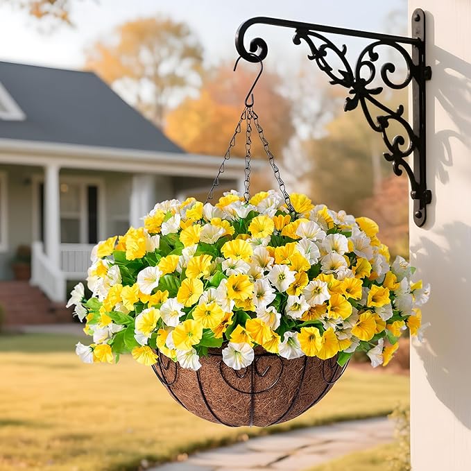 Ammyoo Artificial Hanging Flowers with Basket, Faux Silk Petunias Flower Arrangement, Coconut Lining with Morning Glories Fake Plants Patio Garden Porch Deck Fall Decor(Yellow and White)