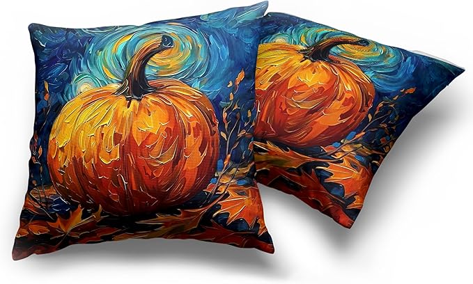Fall Van Gogh Pillow Covers 22x22 Set of 2 Autumn Pumpkin Under Starry Night Throw Pillow Covers Oil Painting Pillowcase Cushion Case for Home Decor Patio Outdoor Sofa