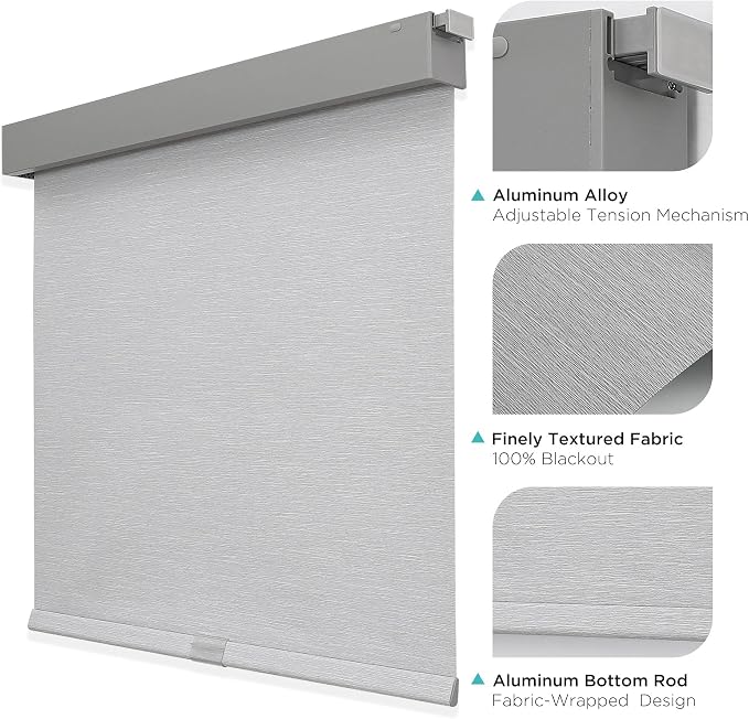 Joydeco No Drill Blackout Shades, Free-Stop Cordless Roller Shades, UV Protection, Thermal Insulated Blinds for Indoor Windows, Easy Install Window Blinds for Home and Office (Grey, 30" W x 75" H)