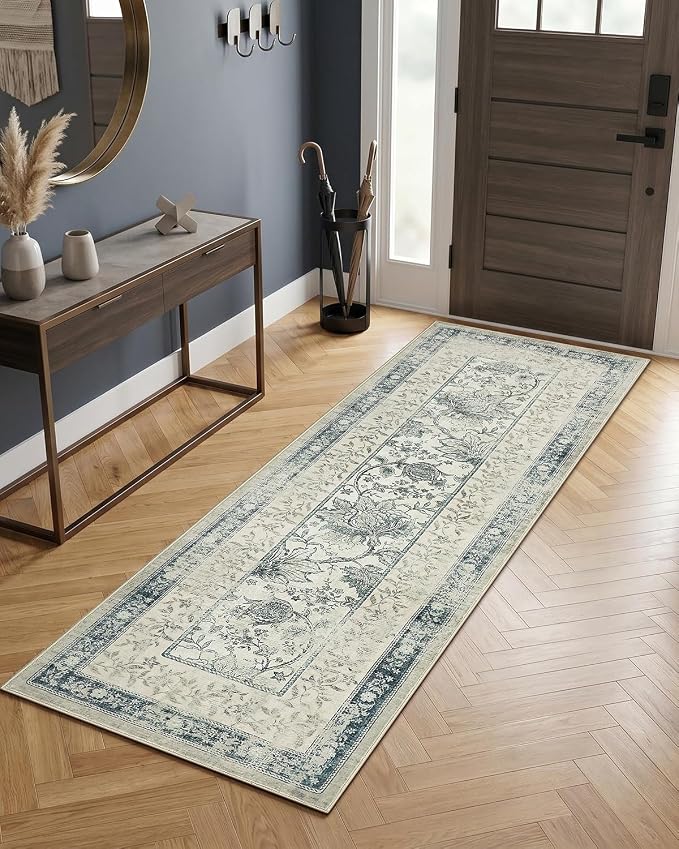 GarveeHome Vintage Blue Washable Kitchen Runner Rug: 2'6" x 8' Hallway Rug Non Slip Low-Pile Stain Resistant Cottage Core Retro Farmhouse Soft Runners for Entryway Laundry Room Beside