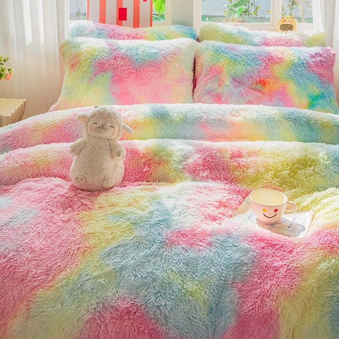 chovy Faux Fur Plush Tie-Dyed Pink Comforter Sets Twin/Full Size - Ultra Soft Shaggy Flannel Velvet Fluffy Fuzzy 3PC Bedding Set （Comforter x 1 Pillowcases x 2）