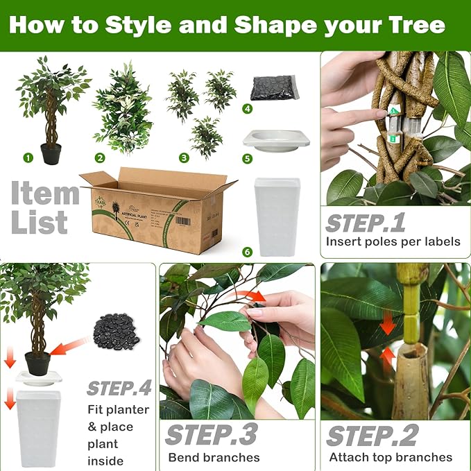 Artificial Ficus Tree 6FT Faux Floor Tree with Planter UV Resistant Potted Fake Silk Plant - Indoor Outdoor Lifelike Fake Ficus Tree for Home, Living Room Bedroom Topiary Tree