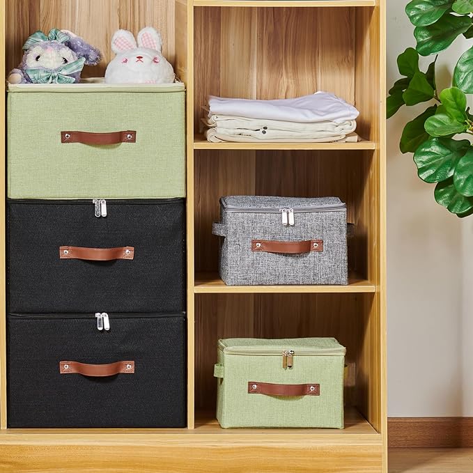 4 Pack Storage Bins with Zipper Lid Cotton Linen Fabric Lidded Storage Baskets Boxes Foldable Washable Closet Shelf Clothes Organizer Container with PU Leather Handles (Gray, Small)