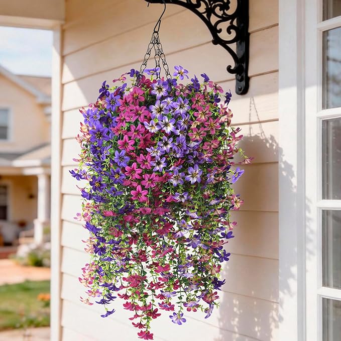 INQCMY Artificial Hanging Flowers Decoration, 8pcs Fake Floral Basket Plants for Outdoor Porch, Faux Shrubs Home Spring Decor UV Resistant Potted Violets for Outside Garden No Fade
