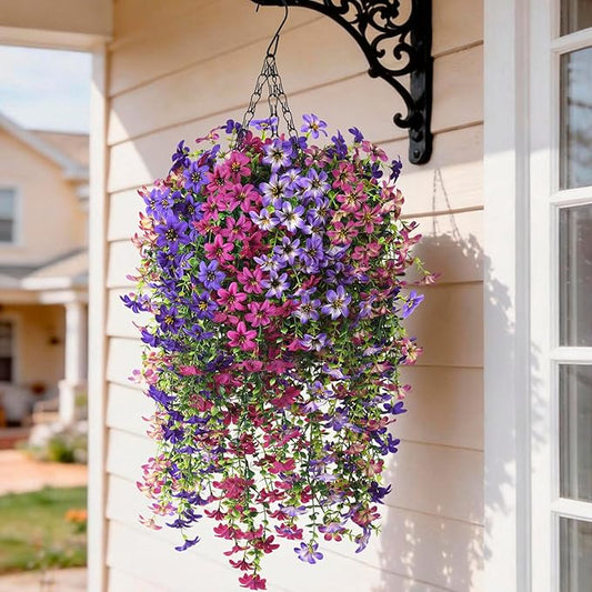 INQCMY Artificial Hanging Flowers Decoration, 8pcs Fake Floral Basket Plants for Outdoor Porch, Faux Shrubs Home Spring Decor UV Resistant Potted Violets for Outside Garden No Fade