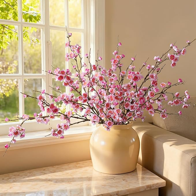 florisso 6 PCS Artificial Cherry Blossom Branches Spring Indoor Decoration, Faux Flowers 34.45" Long Stems Plum Fake Peach Plants Real Touch Silk for Wedding Home Bedroom Party Table Office, Pink