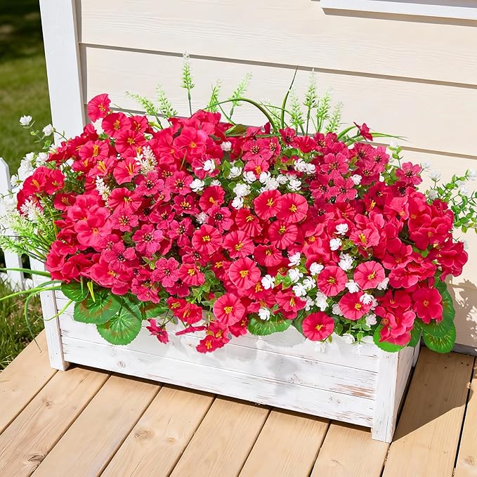 16 Bundles Artificial Flowers for Outdoors, UV Resistant Silk Faux Flowers for Outside Planters,Garden,Porch,Patio,Yard,Home Decor(Hot Pink)