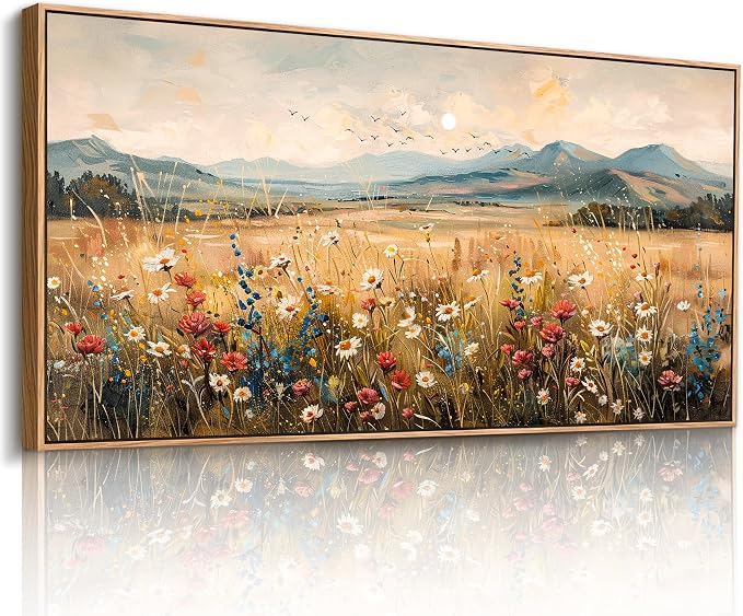 imjiayu Extra Large Wall Art, Landscape Wall Art, Rustic Wall Decor, Country Wildflowers Framed Art Prints, Neutral Oversized Paintings for Living Room Dining Room Farmhouse Home Decoration 29"x57"
