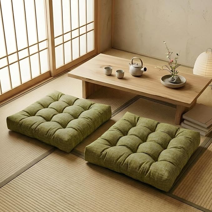 Large Square Floor Cushions Set of 2, 22 x 22 Inch with Non-Slip Bottom, Memory Foam Floor Pillow for Sitting, Meditation & Yoga, Soft Supportive Floor Seating Cushion for Adults & Kids (2, Green)
