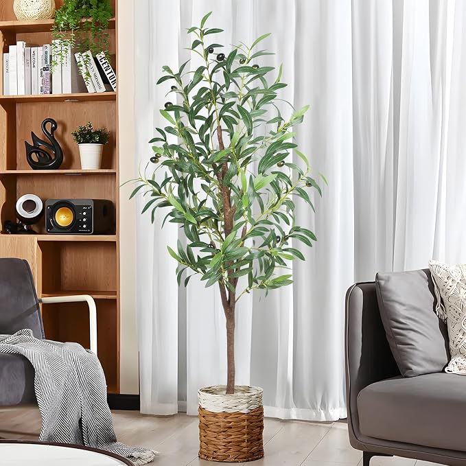 4FT Artificial Olive Tree, Faux Potted Olive Plant with Realistic Trunk, 436 Leaves & 16 Fruits,Fake Olive Tree for Home Office Indoor Outdoor Decor (Set of 2)