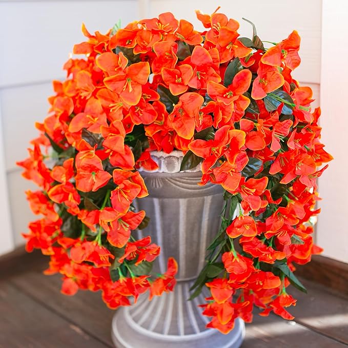 Bougainvillea Artificial Hanging Flowers Plants for Outdoors Decoration, 2pcs Fake Flowers Silk Bougainvillea Vines Realistic UV Resistant Faux Flowers for Outdoor Planters Porch Patio Gardens, Orange