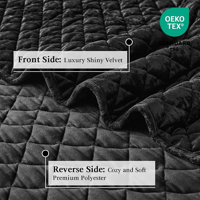 Cosybay Luxury Velvet Quilt Set King, Lightweight Oversized Bedspread Coverlet Quilted Box Stitch Bedding Set, with 2 Matching Pillow Shams, for All Season, Black