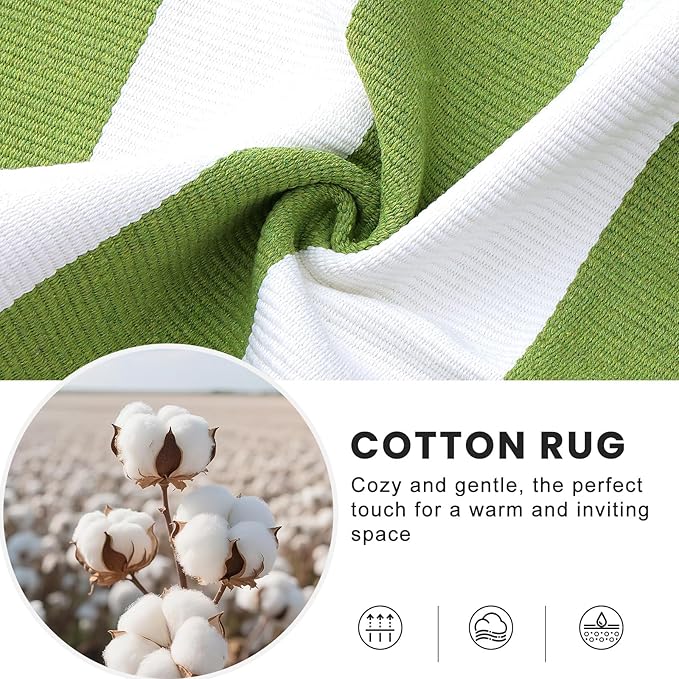 OLANLY Green and White Striped Rug 2' x 3' (24" x 36") – Washable Cotton Indoor Outdoor Doormat for Front Door, Entryway, Kitchen, Porch, Patio Decor