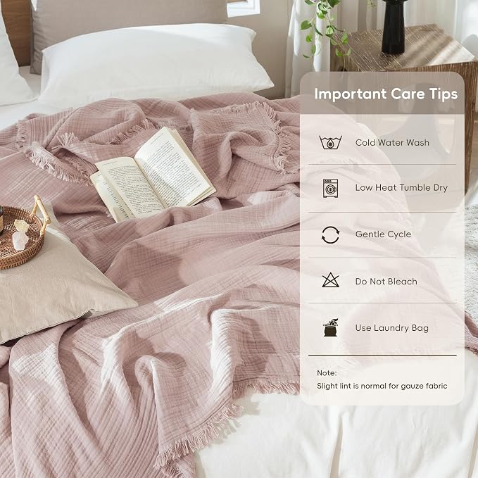 MooMee Muslin Blanket - 100% Cotton 4-Layer Gauze Throw Blanket with All-Around Fringe, Soft Breathable Lightweight Cooling Summer Blankets for Bed Couch(Greyish Pink,Super King 108" x 98")
