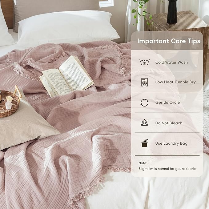 MooMee Muslin Blanket - 100% Cotton 4-Layer Gauze Throw Blanket with All-Around Fringe, Soft Breathable Lightweight Cooling Summer Blankets for Bed Couch(Greyish Pink,Oversize Queen 98" x 98")