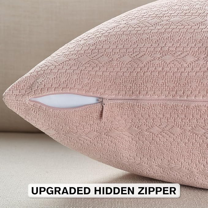 FUTEI Pink Chenille Throw Pillow Covers 12x20 Inch Set of 2,Soft Striped & Diamond Textured Lumbar Pillow Cases,Modern Home Decor for Couch Living Room