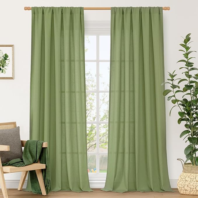 LAMIT Linen Blended Curtains 84 inch for Living Room, Linen Textured Light Filtering Drapes Rod Pocket Boho Panels for Farmhouse/Living Room, 2 Panels, 52 x 84 Inch, Green