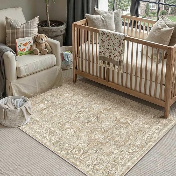3x5 Washable Area Rug for Entryway Vintage Beige Non Slip Low Pile Carpet Traditional Retro Soft Throw Rug for Entrance Bathroom Door Mat Indoor Dorm Dining Room