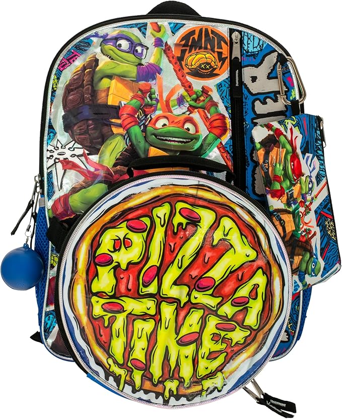 AI ACCESSORY INNOVATIONS Teenage Mutant Ninja Turtles 5 PC Backpack Set, Raphael, Leonardo, Donatello, & Michelangelo 16” School Bag, TMNT Bookbag, Blue