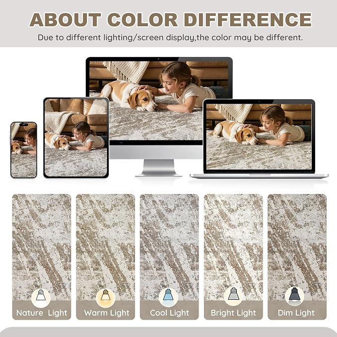 DMOYEST 7x9 Washable Area Rug: Abstract Modern Non-Slip Carpet, Soft Low Pile Indoor Neutral Easy Clean Floor Rugs for Living Room Bedroom Dining Room Kids & Pets - Brown