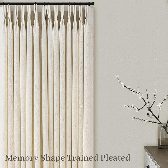 102 Inch Long Pinch Pleat Linen Curtains for Living Room Bedroom 2 Panels Rustic Country Farmhouse Cream Beige Light Filtering Semi Sheer Pleated Drapes Hooks Rings Back Tab for Window Sliding Door