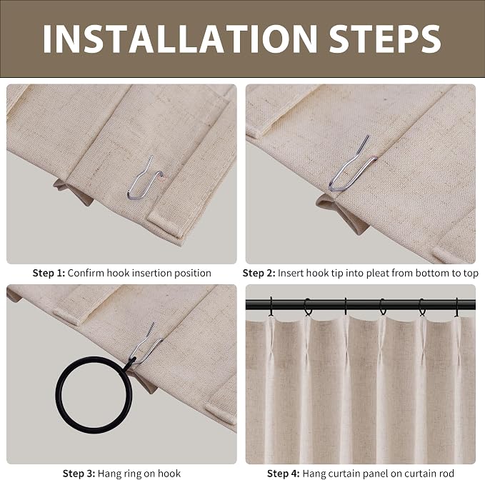 Cream Beige Pinch Pleated Linen Curtains 108 Inch Length 2 Panels Set for Living Room Bedroom Modern Farmhouse Country Privacy Light Filtering Semi Sheer Back Tab Drapes with Hooks for Nursery 40x108