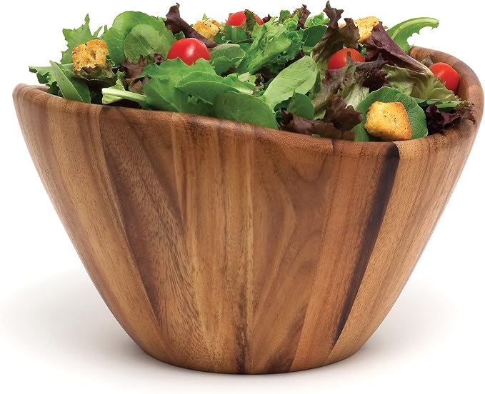 Lipper International Acacia Large Wave Bowl with Servers, 162.31 fl.oz.,Brown