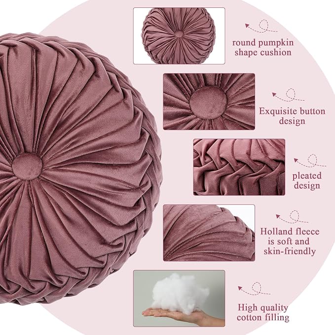 Drydiet 1 Pcs Round Throw Velvet Pillows Decorative Pleated Throw Pillows Diameter Accent Pumpkin Boho Chair Cushion for Couch Sofa Home Decoration (Dusty Rose,15'')