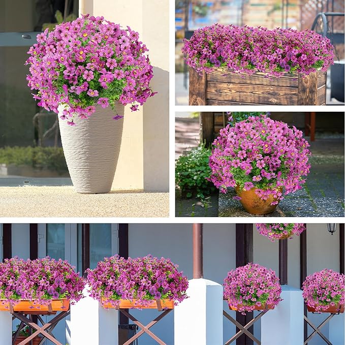 MERIXMAS 24 Bundles Artificial Flowers for Outdoors Decorations, Fake Flowers Artificial Plants Outdoor, Colorful Daisy Eucalyptus Realistic UV Resistant for Garden Patio Porch Home Decor, Purple