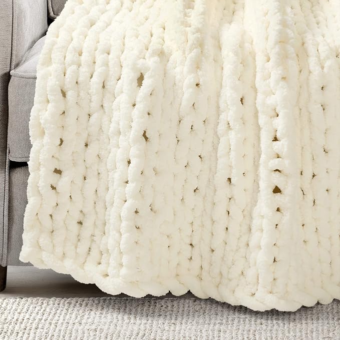 Lush Decor Hygge Ultra Soft Cozy Chenille Chunky Knit Throw Blanket Single 40" W x 50" L Ivory - Cream Throw Blankets for Bed - Cozy Couch Blanket