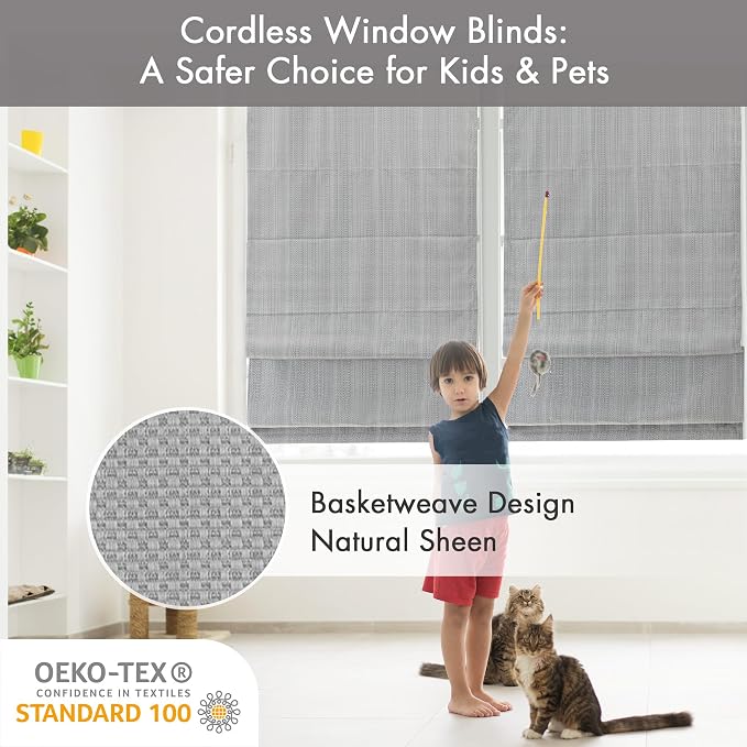 Madison Park Galen Cordless Roman Shade, 39"W x 64"H, Sheen Grey – Room Darkening, Thermal Insulated, Energy Efficient Window Blind with Subtle Sheen Basketweave Fabric for Privacy