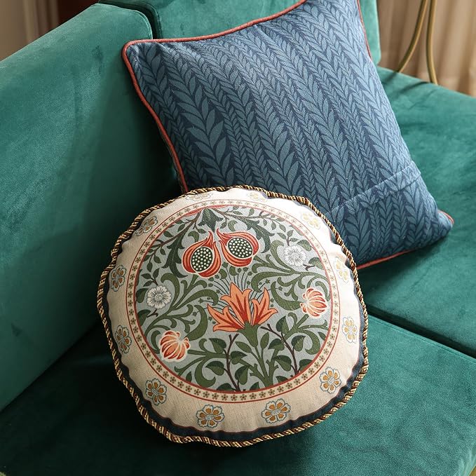 ISAENNE Vintage Linen Throw Pillow Cover,Set of 2,Diameter 16"-Naples B | Designer Elegant Round Pillow Cover,Concealed Zipper Design,Floral Pattern,Sofa,Bedroom,Living Room,Lounge Chairs