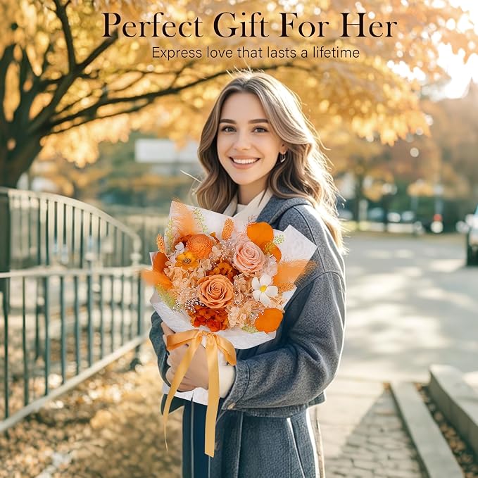 Preserved Flowers Bouquet - Forever Flowers for Delivery, Eternal Roses Bouquet That Last 3 Years, Mothers Day Gifts for Mom Grandma Wife, Anniversary Birthday Gifts for Women, Light Orange