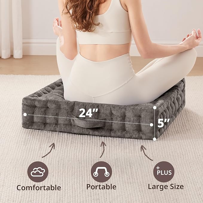 Intelligent Design Azza Floor Pillow, Large Cushions Sitting for Adults, Floor Pillow for Meditation or Yoga, Lustrous Chenille Tufted with Scalloped Edges for Bench/Chair Cushion, 24"x24"x5" Charcoal